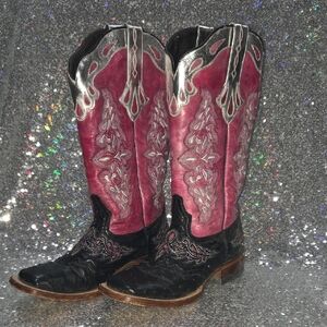 Lucchese Quill Osterich Amberlynn Pink and Black Heeled Boots